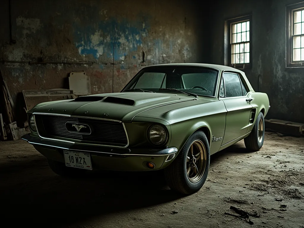 1967 ford mustang, dark green, sitting in an abandoned garage