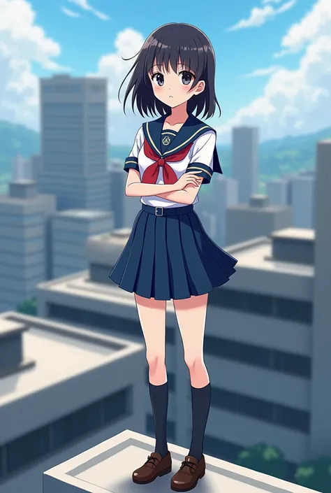 Anime girl with Japanese uniform have medium breast is standing on the top floor of school