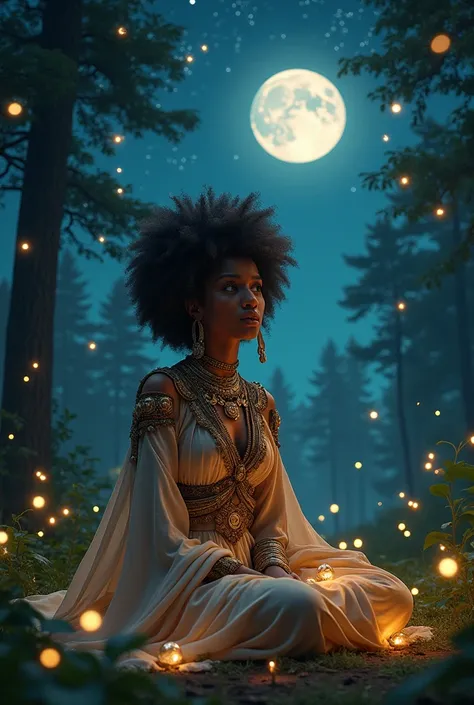 A young black woman,  type costumes sitting in a forest, Fireflies, afro hair, starry sky 