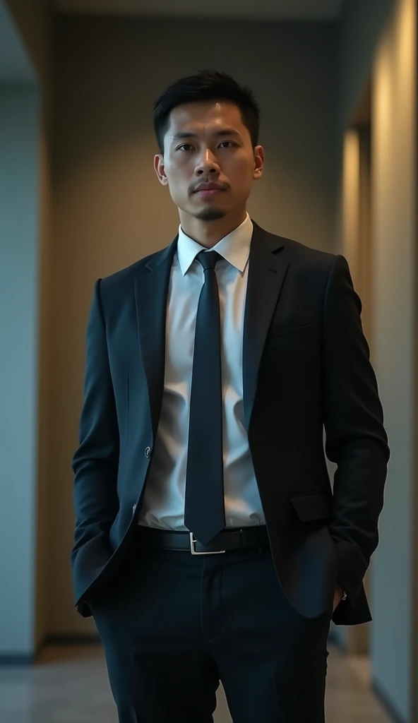 a 35 year old man with an Indonesian face, he is a debt collector who is very cruel and cruel, with a sharp, scary gaze, wearing an office suit top and bottom, standing in front of his office, taking pictures from a distance, and full body, realistic HD