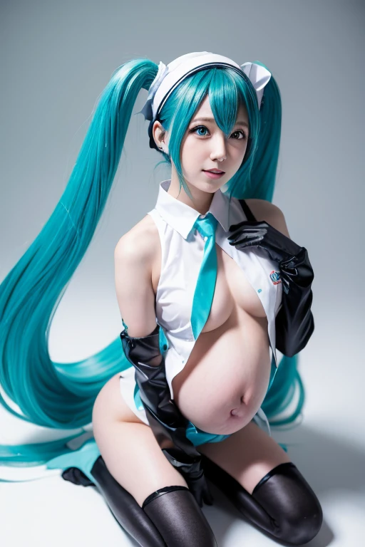 Hatsune Miku Cosplay Costume Pregnant Woman Crouching Amniotic Fluid Flowing From Her Pussy