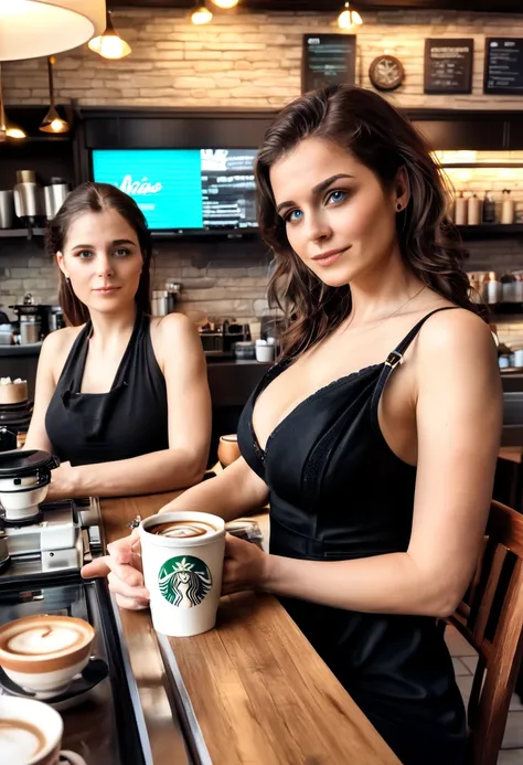 a sensual portrait of two slender women with large breasts in casual clothing, sitting at a coffee shop and gazing intimately at each other, (best quality,4k,8k,highres,masterpiece:1.2),ultra-detailed,(realistic,photorealistic,photo-realistic:1.37),exquisi...