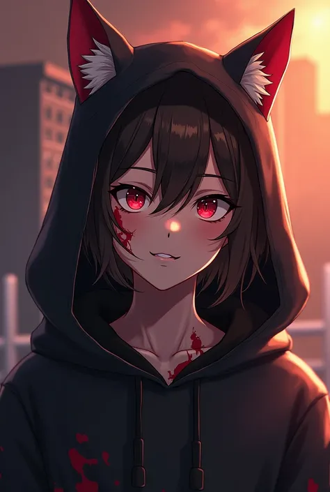 Your Name Wants to Watch Anime Style Cat Ears, Slightly Brown-Haired Boy 　Clothes that have blood on them after a fight are black hoodies　Im staring with slanted eyes 　 Im wearing a demon mask 　Scratches on the face　Age is 18 years old red eyes, 