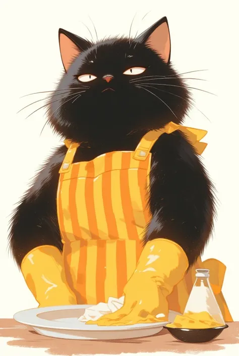 Super realistic illustration, Detailed Fantasy art, full body, A fat furry male black cat wearing a yellow and orange striped apron is polishing a white plate with a cloth. Wearing rubber gloves on both hands. Airplane ears, Squinting his eyes to the limit...