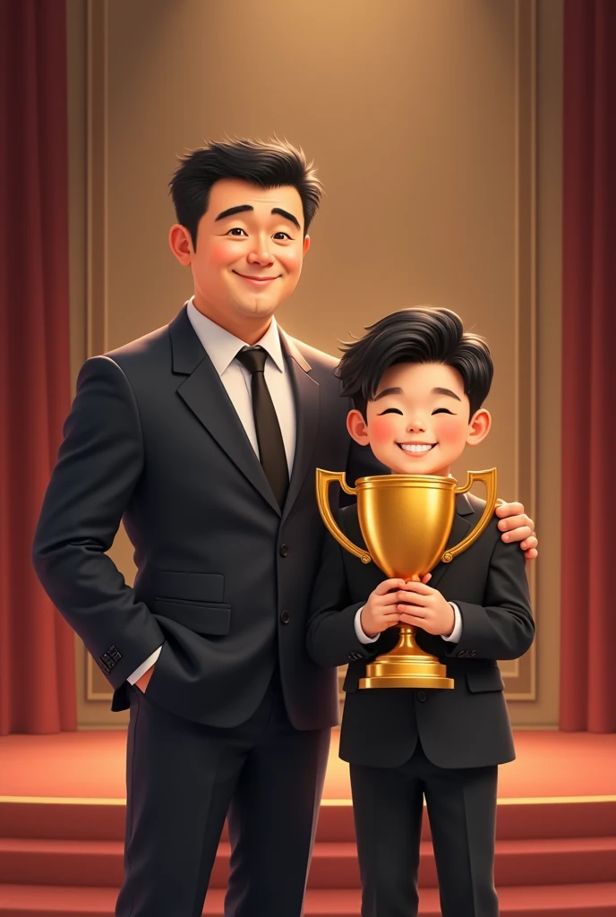 Realistic image of a Middle aged asian dad who is beside his black haired son. The son is holding a gold trophy and they are both on a stage