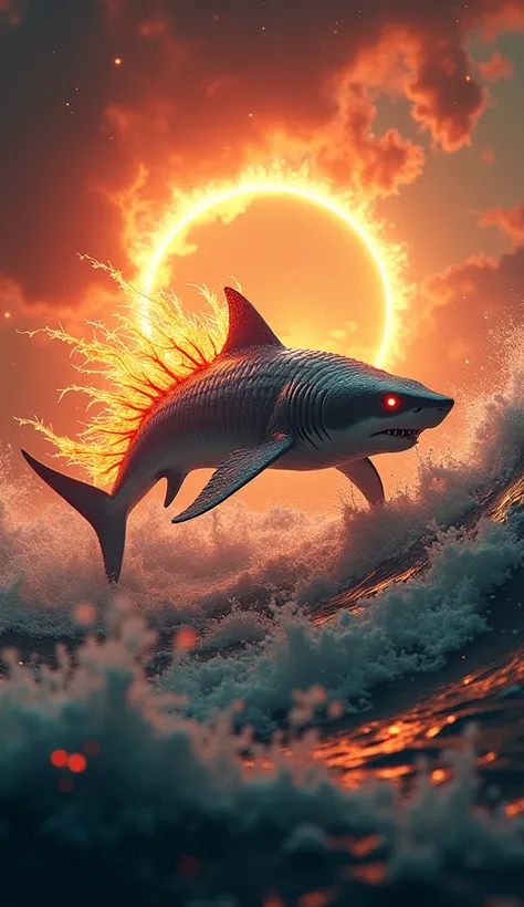 "Design a mythical hybrid of a shark and a phoenix. This creature should have the sleek, powerful body of a shark with glowing, fiery fins and tail that blaze like the feathers of a phoenix. Its eyes burn with intensity, and its presence combines the ocean...