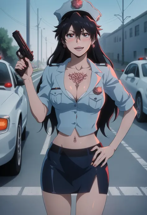 bambietta, 1girl, long hair,hair between eyes,bangs,black hair, ear piercing, long hair, blush, lipstick,Hot girl, baddie, smoking, sensual, attractive ,masterpiece, best quality, highly detailed, a anime girl in police uniforms , police outfit, military ...