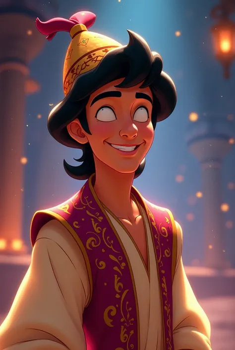 Aladdin with a big smile and divine peace with a hat in his head