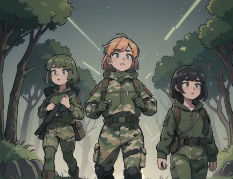 3 girls in camouflage outfits,beautiful eyes,detailed lips,camouflage jacket,camouflage balaclava,tactical gloves,tactical backp...