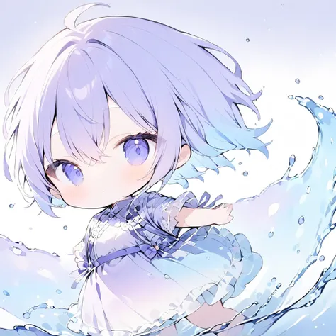 Transparent watercolor、 girl((Chibi character、1 person))、Light blue hair ((long、 there is a purple gradation))、 purple gradient bangs (( hair between eyes))、It looks like its swaying in the water 