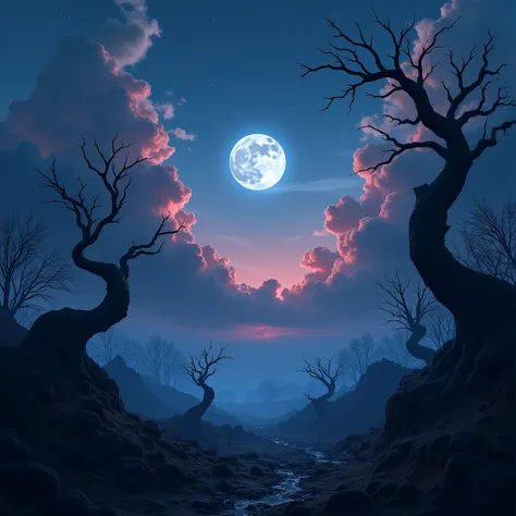 A sweeping photorealistic panorama of a twilight sky with a luminous full moon casting ethereal light on the landscape. The color palette features deep indigo and shimmering crimson, with billowing translucent clouds dancing across the sky, partially veili...