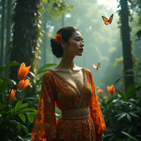 A contemporary fashion editorial featuring a breathtaking woman in vibrant traditional Malaysian kebaya, set against the lush, mystical backdrop of a Borneo rainforest. Soft, ethereal mist envelopes towering trees. The Rembrandt lighting focuses on her tor...