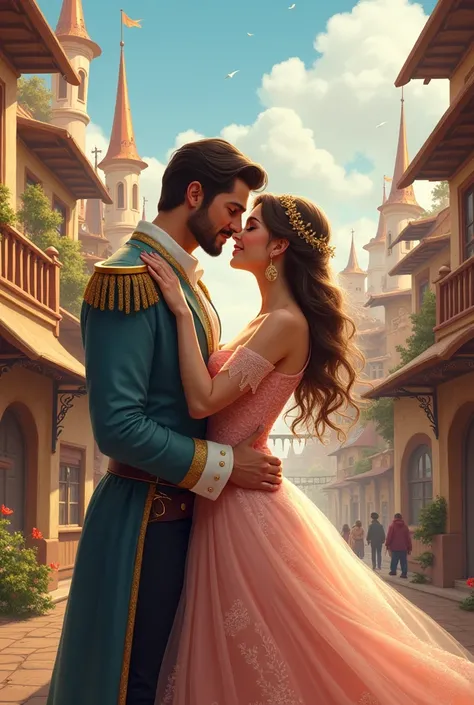 Western-style romance in a fantasy world、Illustration of a loving princess and prince hugging each other　city　