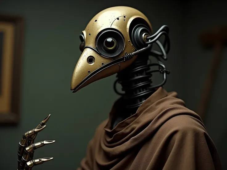 A robot with a bronze metal bird mask, realistically scary eyes, wires creating a long neck, body covered in a brown cloak, sharp metal claws, in a dark room; realistic, in 4k, horrifying, and nightmare fuel.