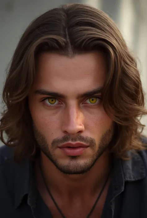 brown long hair, yellow eyes, beauty,male