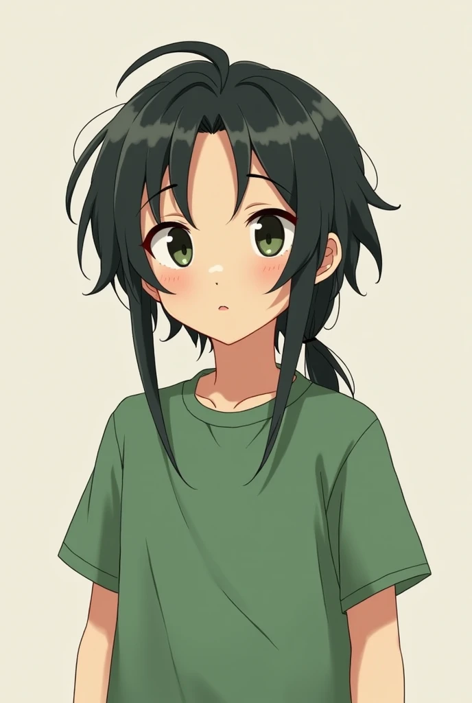 A boy , wear a green tshirt, with Japanese front long hair  
