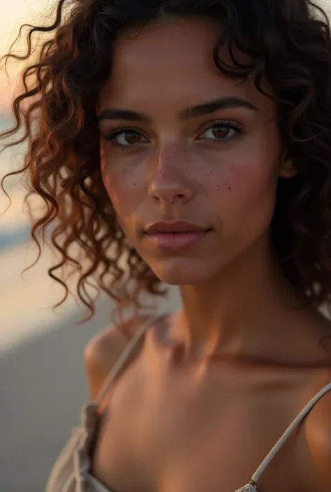 Beautiful 19-year-old woman, close-up facial portrait in a beach exterior with twilight. Curly brown hair highlighting her face, deep light black eyes with a sexy and serious look. Very light make-up that highlights her matte skin tone, smooth skin with ve...