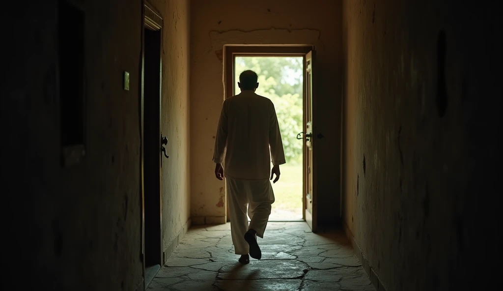 a fifty year old Indian man walking in dark room of house in Rajasthan in city like village of green Rajasthan    