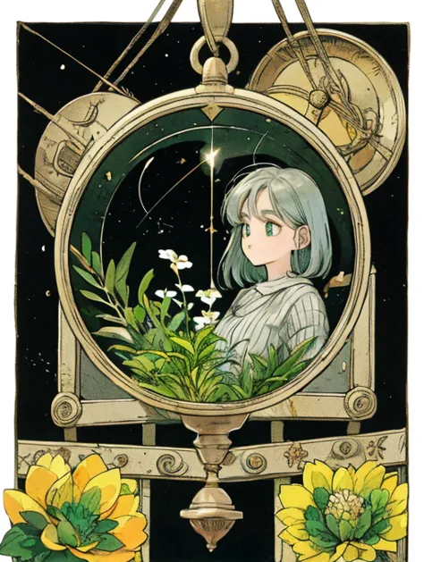 cute woman、grey hair、 medium short 、sweater, full body,comics、watercolor,analog、 flat fill 、90s style,green stars,botanical,flow...