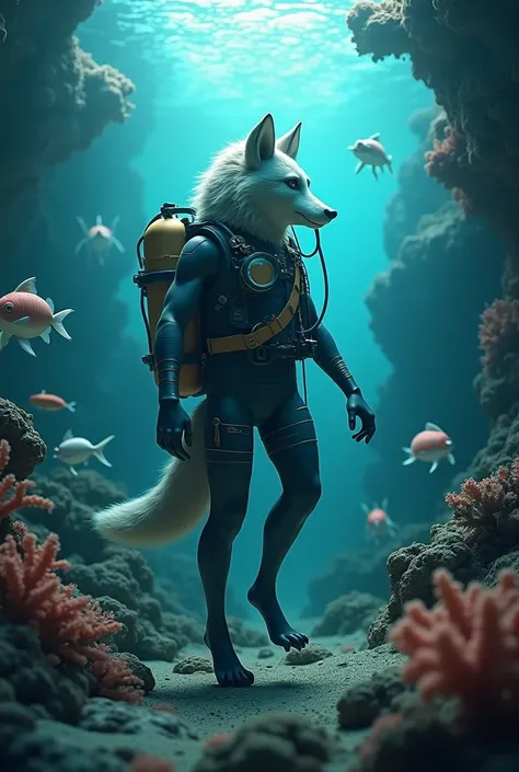 Deep sea background，A 3D diver wolf，Partial Dolls