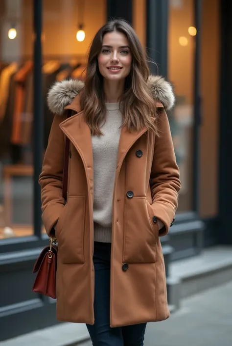  A full-body image of a pretty woman in a winter coat, tenant un sac hiver, Boutique store fashion background 