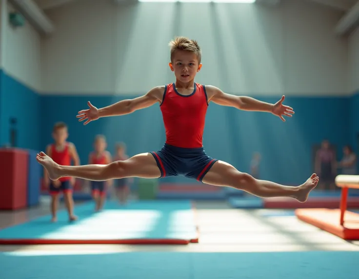 A young boy gymnast performing a split mid-air while jumping, with a confident and focused expression. He is in a bright, indoor gymnastics arena, wearing a sleek, form-fitting leotard and shorts in vibrant colors. The background showcases gymnastic equipm...