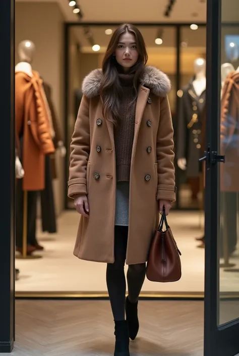  A full-body image of a pretty woman in a winter coat, tenant un sac hiver, Boutique store fashion background 