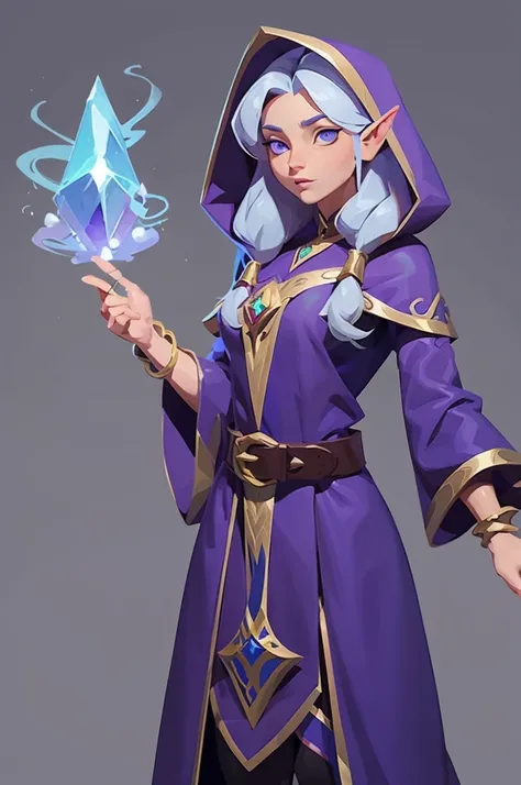 concept art, european cartoon, game character design, 1 woman, solo, silver hair, detail, blue eyes, eyes, young female elf, female focus, elf ears, purple mage clothes, beautiful woman, full body, magic energy