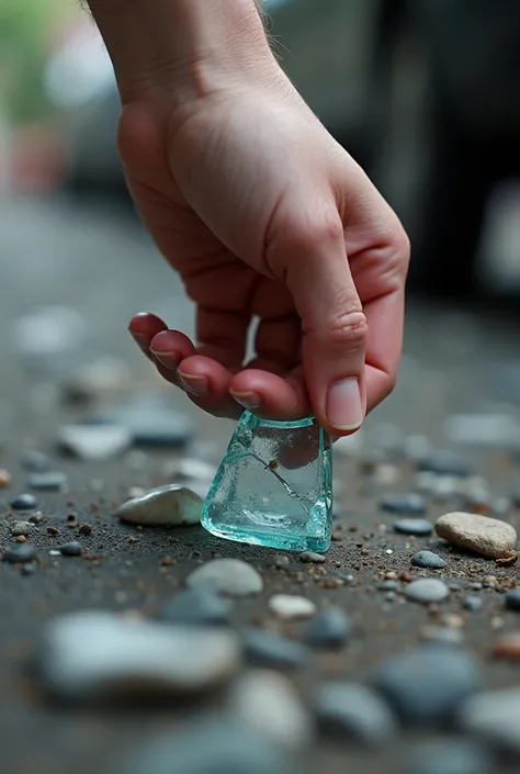 A hand picking up a piece of broken glass on the road, to clear it