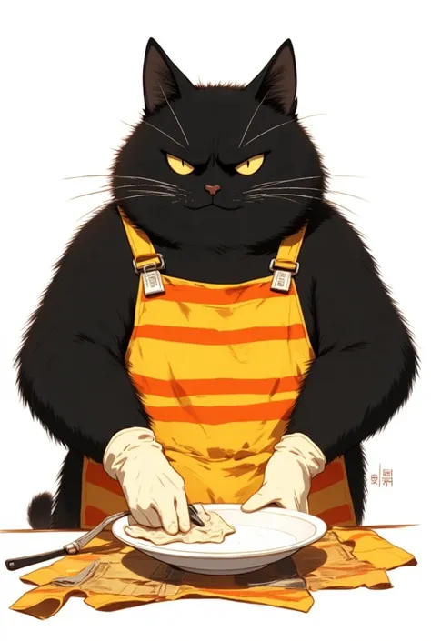 Super realistic illustration, Detailed Fantasy art, full body, A fat furry male black cat wearing a yellow and orange striped apron is polishing a white plate with a cloth. Wearing rubber gloves on both hands. His Ears tilted back and spread out to the sid...