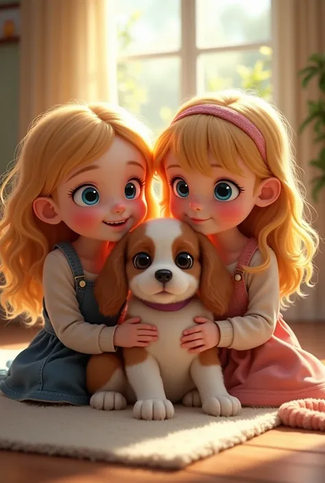  Picture two girls with blond hair,  who got a puppy .  Both girls are blue-eyed, one  ,  another  . Girls faces are different. Spaniel puppy 