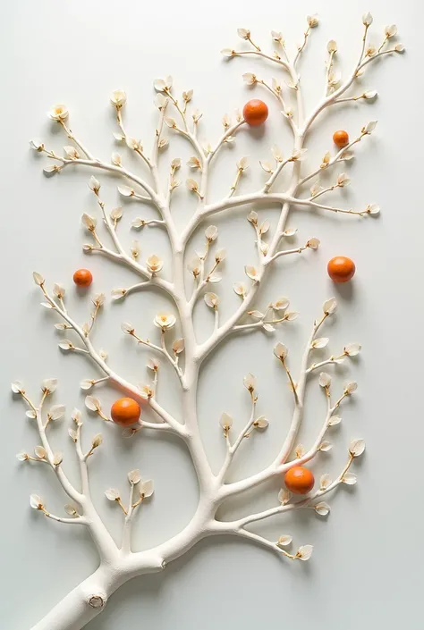 generate a semi-relief artwork made of many branches，narrow branches small amount of leaves flower, fruits, show up，Craftable