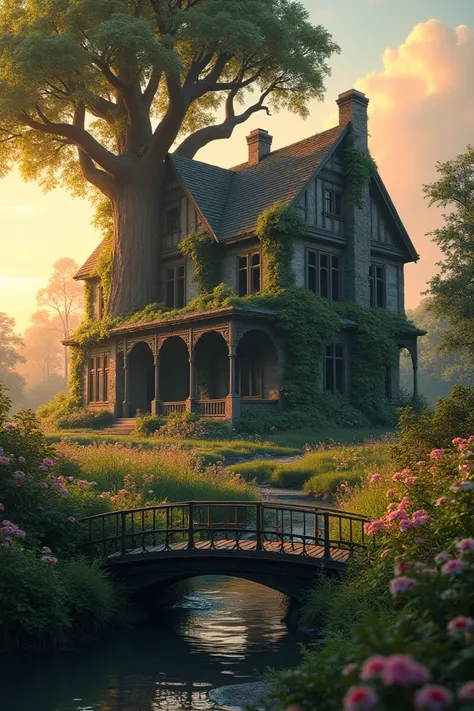 big house abandoned,  sunset aesthetic vibe , many flower and butterfly , grow tree inside  the house , many hole at the house , realistic , there small aesthetic Bridge abandoned infront the house