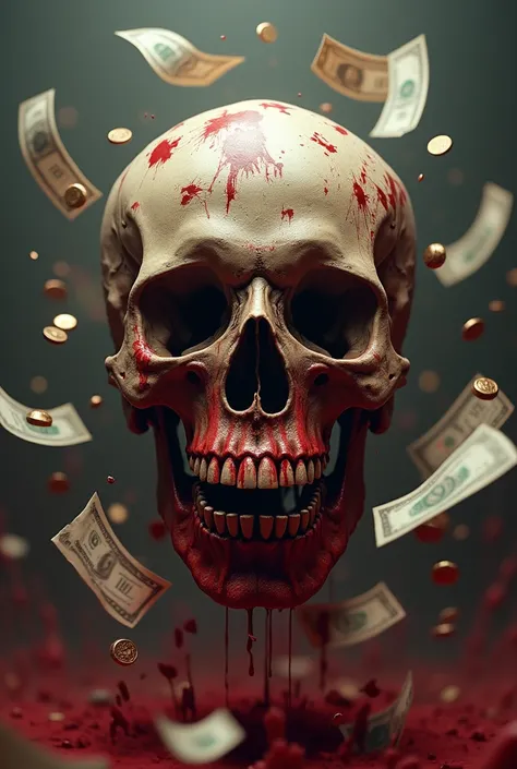 Skull head and money flying in the air also the skull head is covered in blood