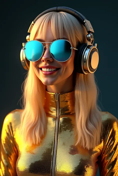 Photorealistic portrait of smiling genesia wearing a futuristic golden sequined bodysuit that catches the light, creating a metallic, mirror-like effect. She has long, straight blonde hair with bangs framing her face, and is wearing large, reflective blue-...