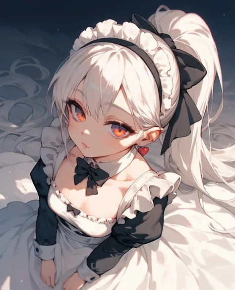 A girl with white hair and small breasts in a ponytail and a boyish girl with black hair and big boobs　Theyre both looking at me like theyre competing 　They both have incredibly beautiful eyes 　They are both in maid clothes 　 from above