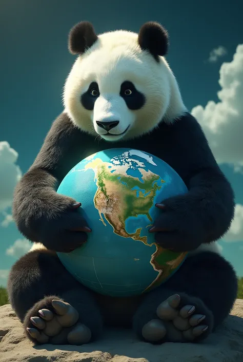 panda hugs earth and holds chinau coin