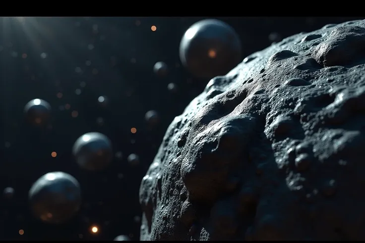  close-up of a group of rocks in the sky, 金属Asteroid , Asteroid , Asteroid 带, Asteroid  realistic cinematic, Asteroid 带 in distance, 在Asteroid , meteors, meteors are falling from the sky, meteor, meteorites, meteors falling, meteorite, NASA photo ,  humans...