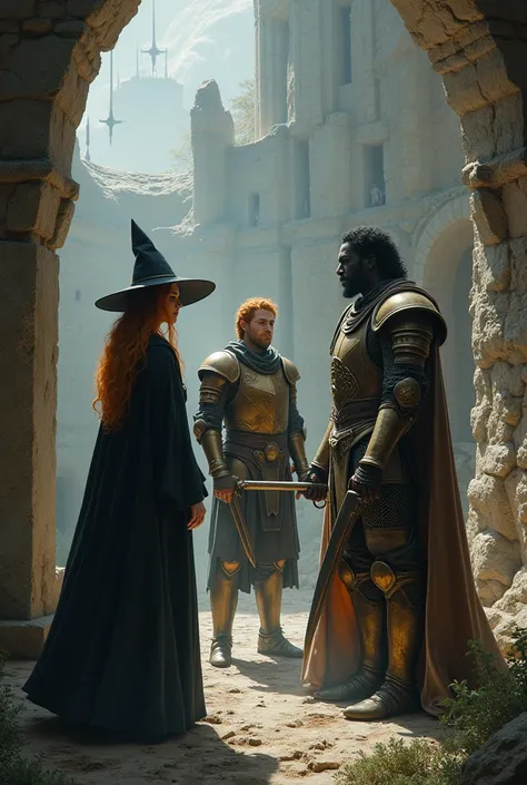 A female wizard in a dark robe and pointy hat, a ginger knight in bronze armor and a black man, who is their king with two daggers discover a ancient city