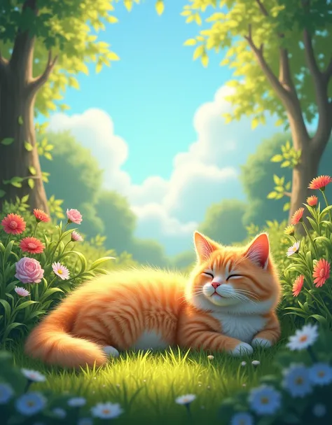 Please draw a picture of a cat leisurely spending a relaxing time in the garden while basking in the sun。