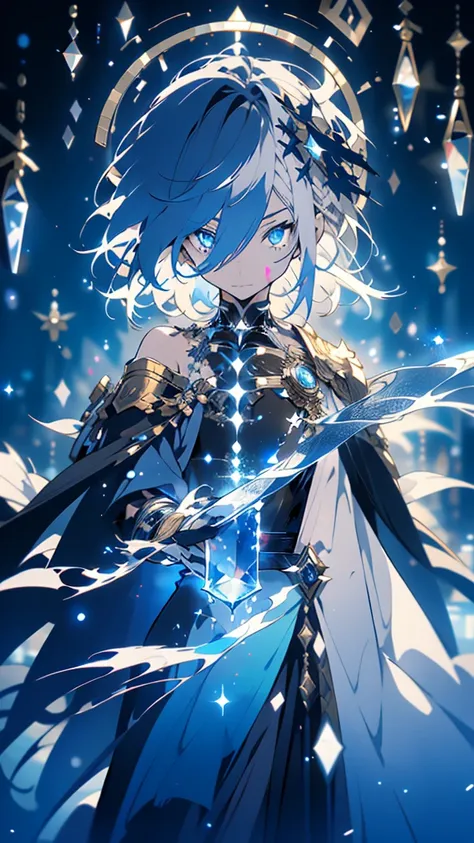 “A young dimensional traveler with short, tousled silver hair and glowing blue eyes, dressed in a futuristic yet worn-out cloak lined with intricate, glowing symbols. He holds a shimmering staff that pulses with dimensional energy. His appearance reflects ...