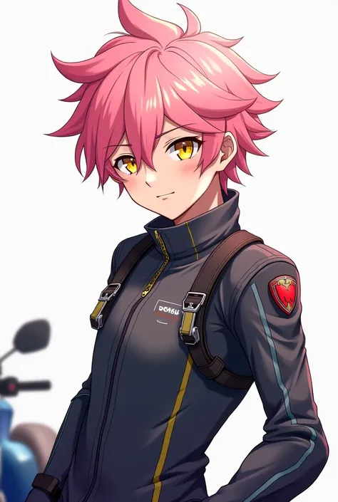 Anime teenage boy,fluffy pink hair + white shade,yellow golden eyes, motorcyclist 