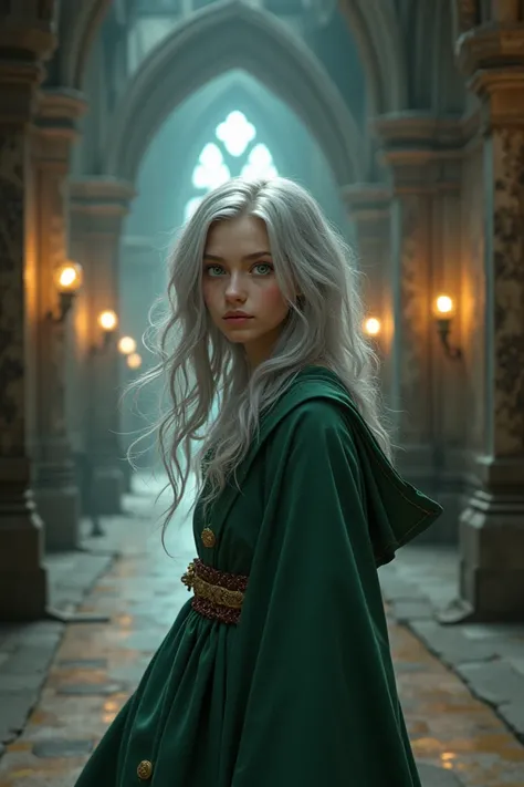  teenage girl ,  robe, Hallways or Hogwarts Castle, Silver hair,  white complexion ,  green eyes. 