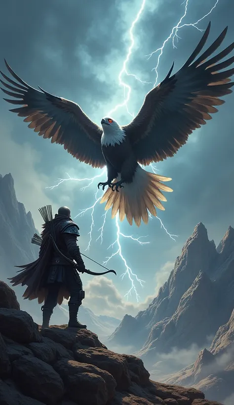 Create an image showcasing an intense standoff between an archer and an eagle, both displaying anger and aggression. The archer stands with their bow drawn, aiming directly at the eagle, their face stern and focused, muscles taut with tension. The eagle, m...