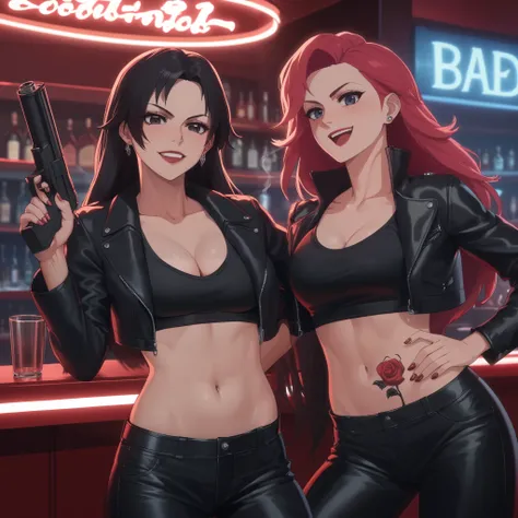 1girl, two girls, anime girls, ear piercing, long hair, blush, lipstick,Hot girl, baddie, smoking, sensual, attractive ,bar background, inside bar,indoors, masterpiece, best quality, highly detailed, a girls with a gun, evil smile , open mouth, sexy gaze,...