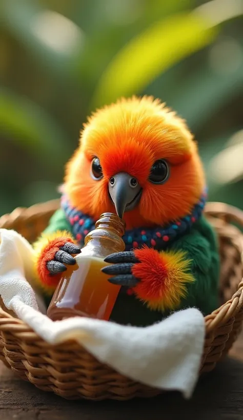 An adorable little miniature colorful rare bird, incredibly realistic and detailed, drinking from a small bottle and holding it with her paws. The bird is dressed in a colorful cozy sweater, and lies delicately lying on a white cloth on his back in a small...