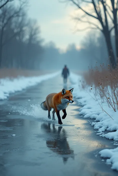 Fox running away from the hunter, near frozen lake. Camera should be from above, the fox is running towards the first 
