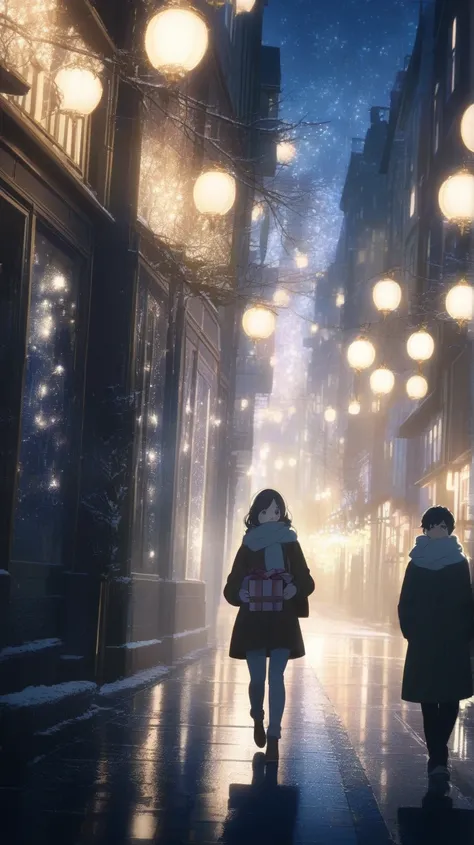 A dramatic key visual for an anime-inspired music video, depicting a snowy urban street at night illuminated by warm yellow streetlights. A young couple is walking apart in opposite directions, the girl wearing a cozy scarf and holding a small wrapped gift...