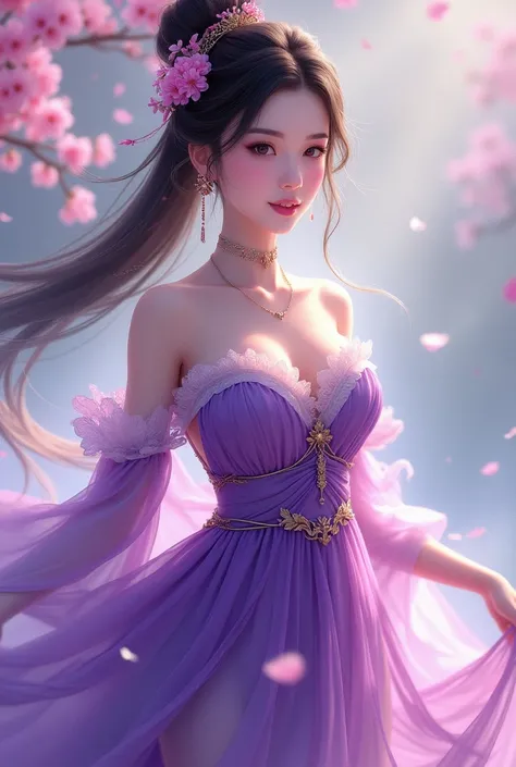 arafed woman in a purple dress and a pink flower in her hair, concept art by Yang J, trending on cg society, fantasy art, full body xianxia, heise jinyao, bian lian, yun ling, a beautiful fantasy empress, beautiful alluring anime woman, yang qi, g liulian ...