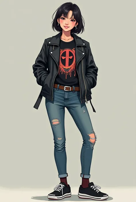 at Japanese woman、、Ear piercing、Leather jacket、smile、 starwars shirt,, likes Star Wars, marvel and skateboarding, all interests should be inclouded, she should wear something deadpool or Spider-Man themed, a whole body shot with a neutral background 、Skinn...